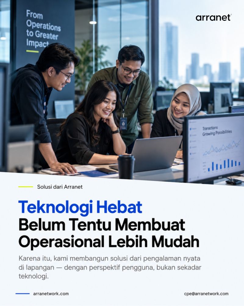 Tim Arranet berdiskusi di depan layar berisi data transaksi — Teknologi Hebat Belum Tentu Membuat Operasional Lebih Mudah